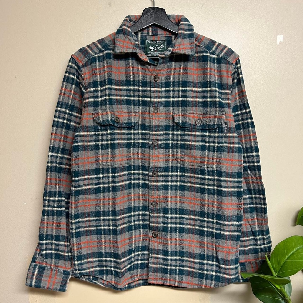 Woolrich Vintage 00s Navy Grey Plaid Flannel Cotton Shirt Mens Small